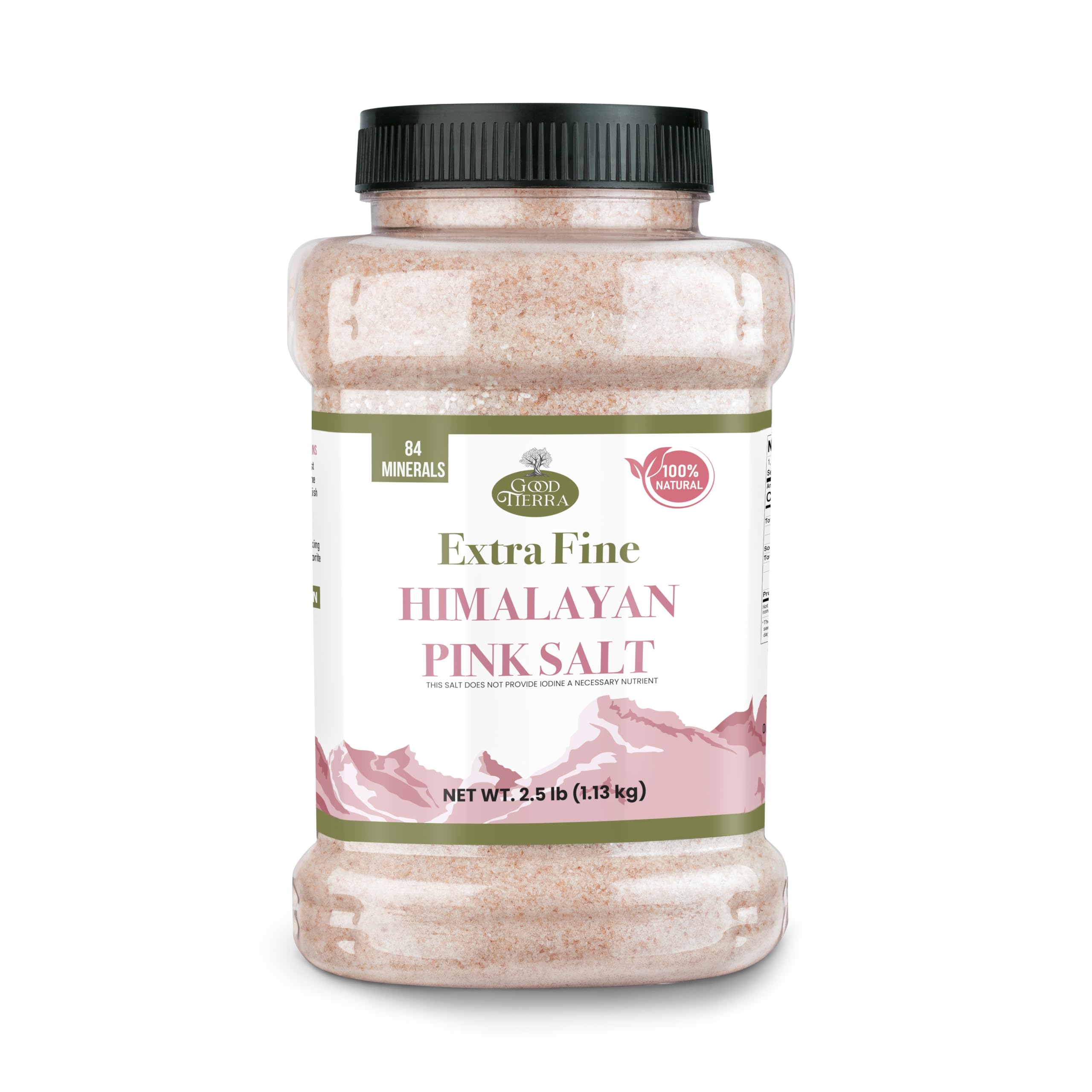 Good Tierra Himalayan Pink Salt jar pours fine grains for easy seasoning.