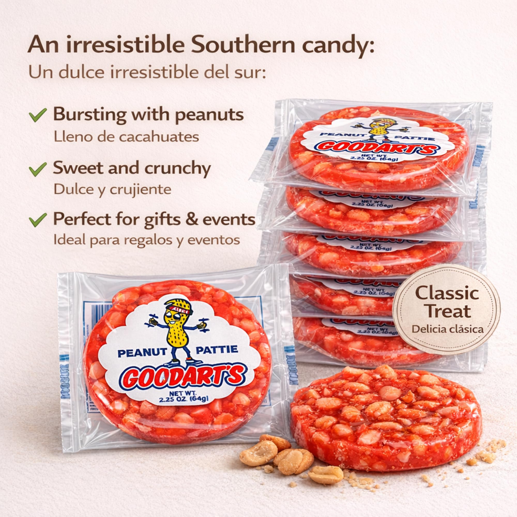 Multi-pack display of Goodart's Peanut Pattie showing value.