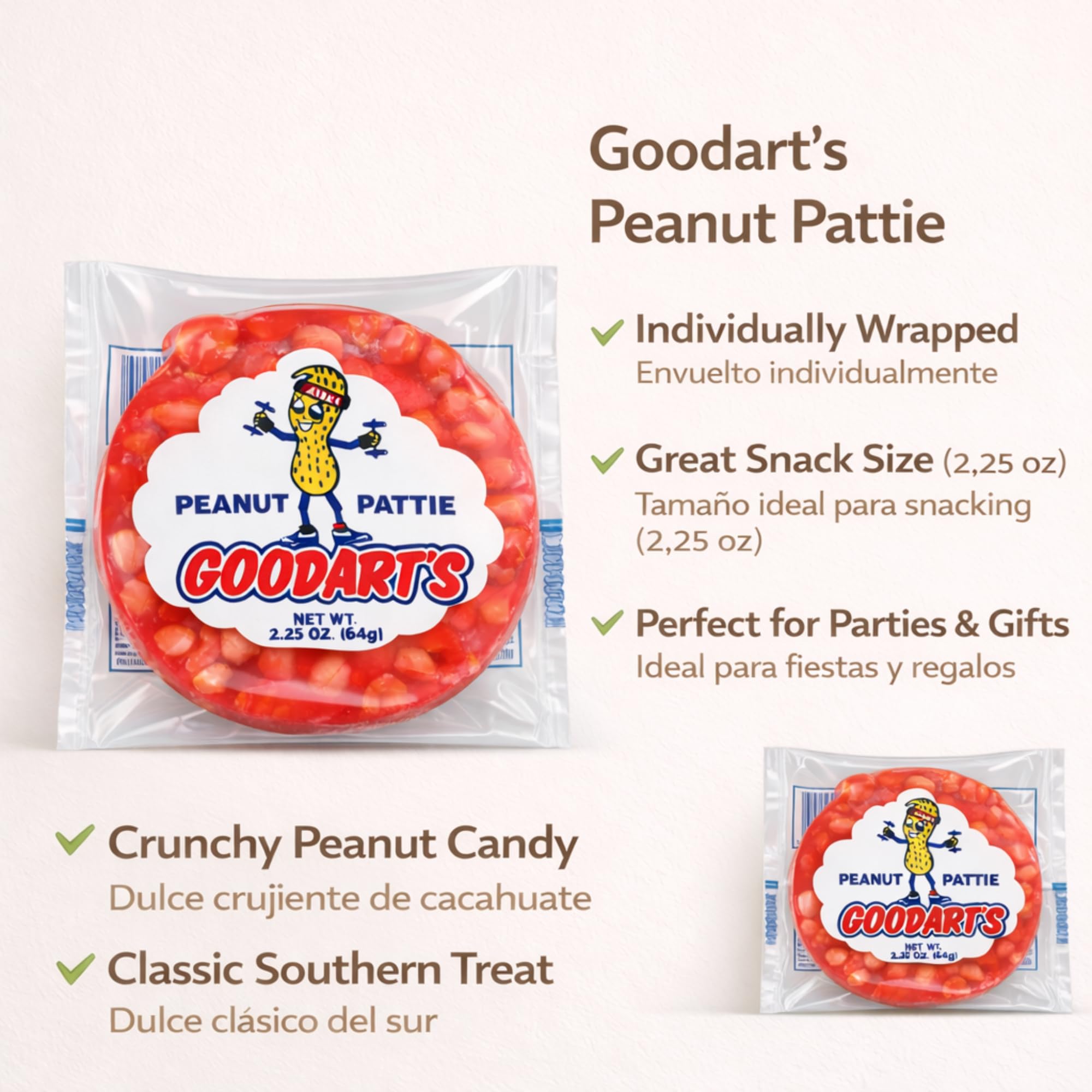 Texture closeup of Goodart's Peanut Pattie showing roasted peanuts.