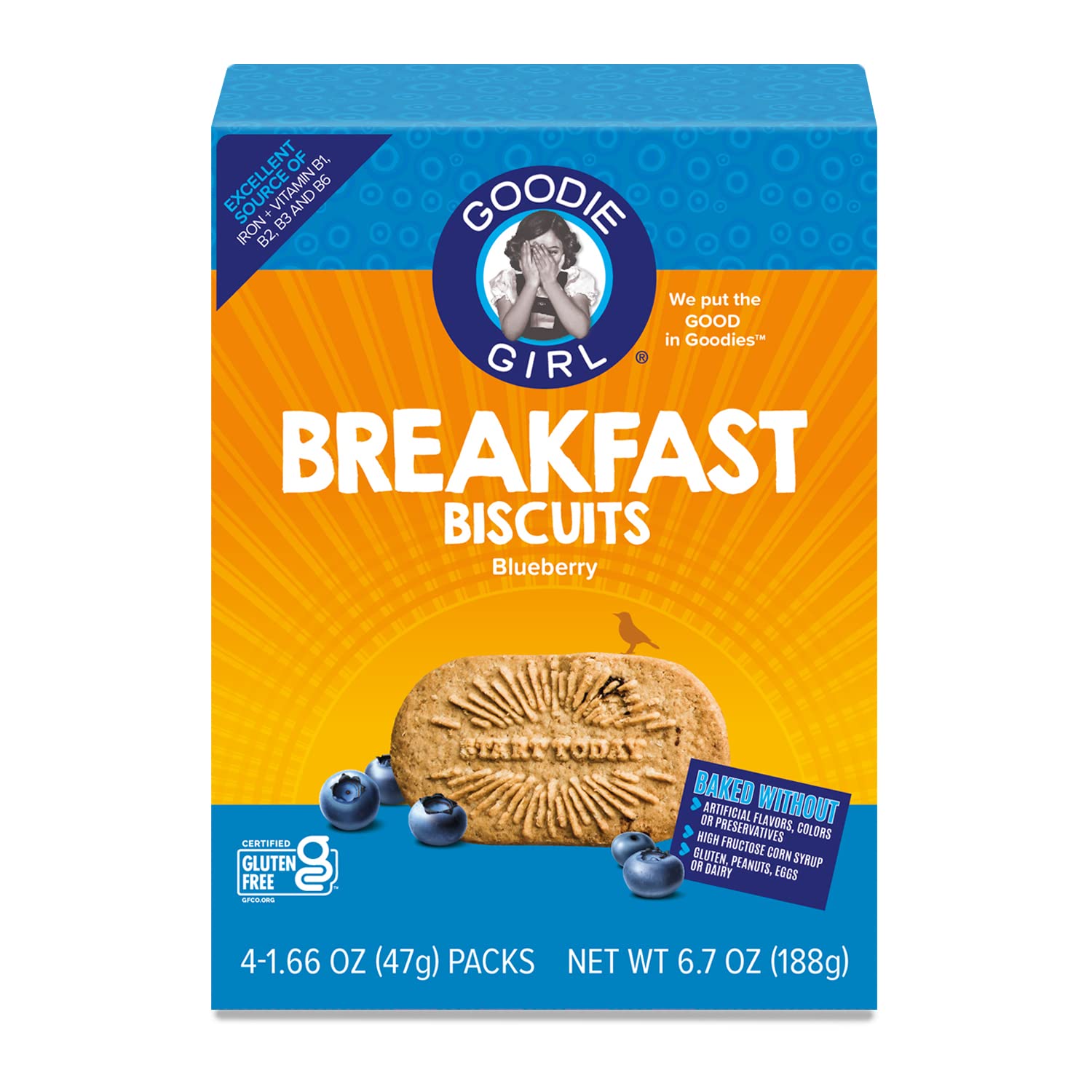 Goodie Girl Blueberry Breakfast Biscuit box showing 16-pack total.