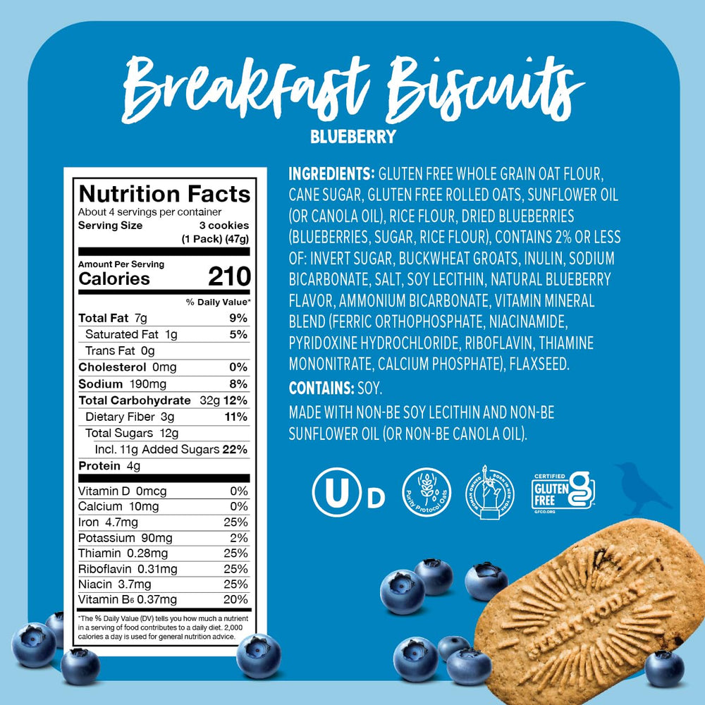 Goodie Girl Blueberry Breakfast Biscuit close-up showing crunchy texture and blueberry bits.