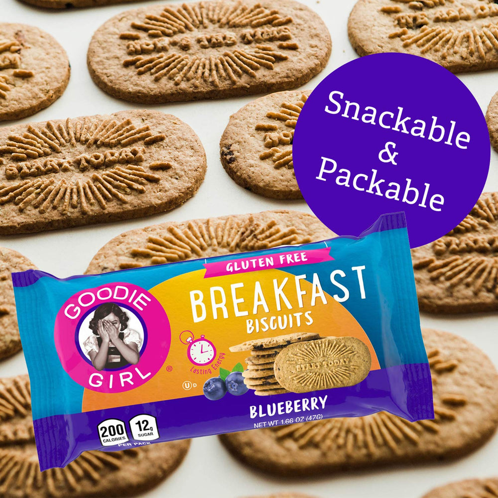 Goodie Girl Blueberry Breakfast Biscuit nutrition label highlights iron and B vitamins.
