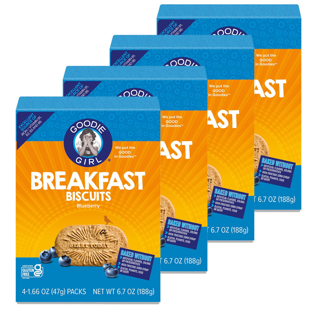 Goodie Girl Blueberry Breakfast Biscuit pack with three biscuits per pouch.