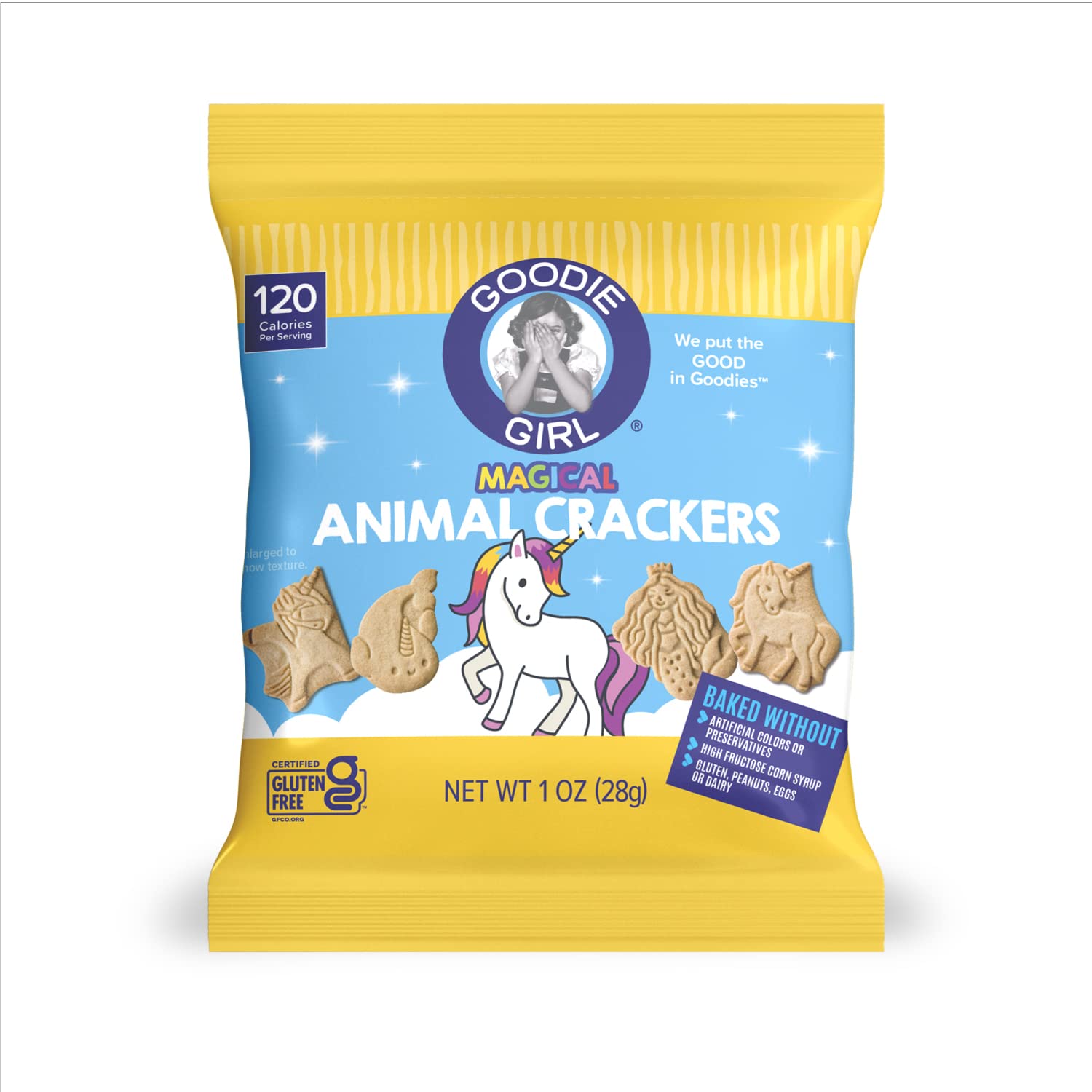 Gluten-free icon on Goodie Girl Magical Animal Crackers signals a safe, family-friendly choice.