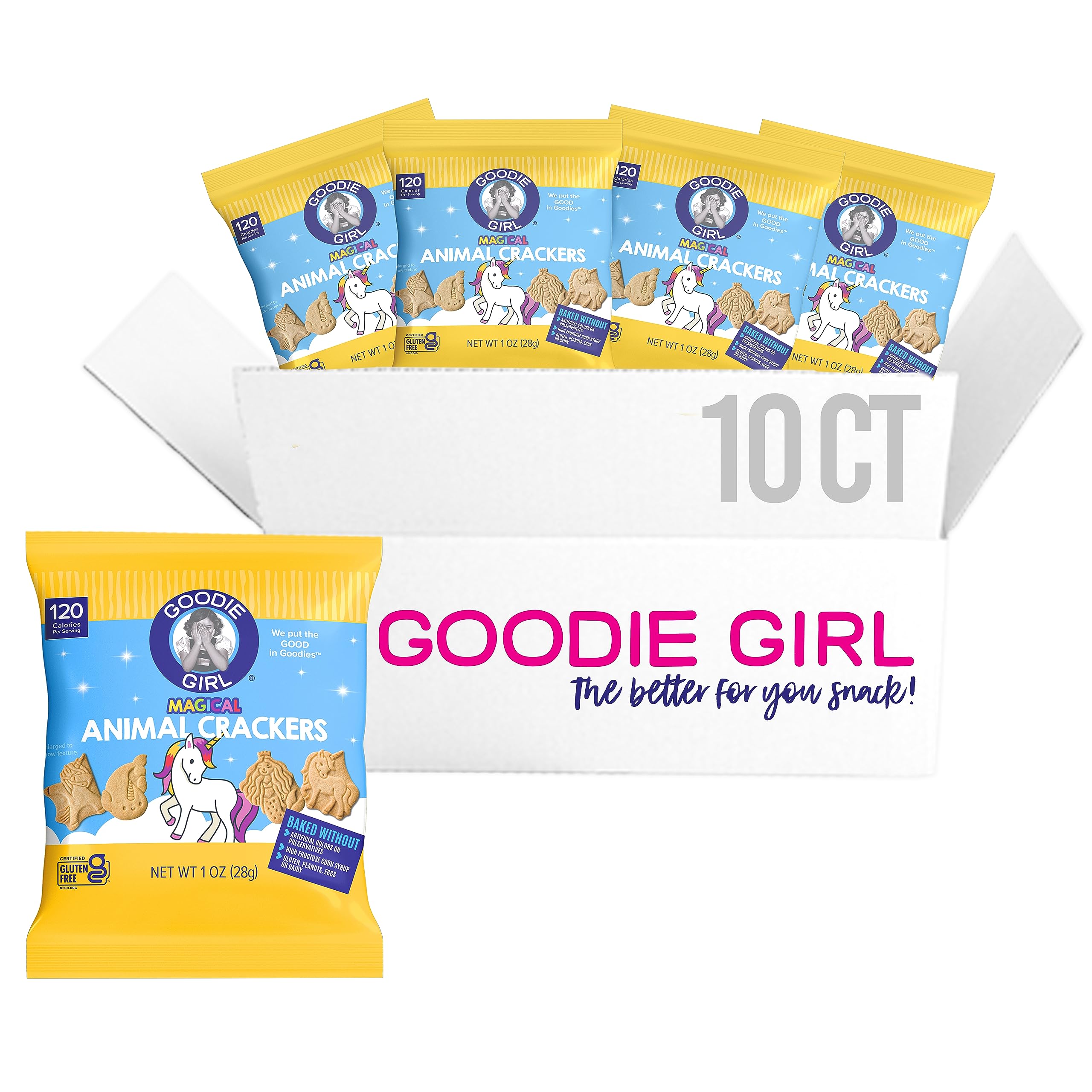 Goodie Girl Magical Animal Crackers front label highlights gluten-free and peanut-free goodness.