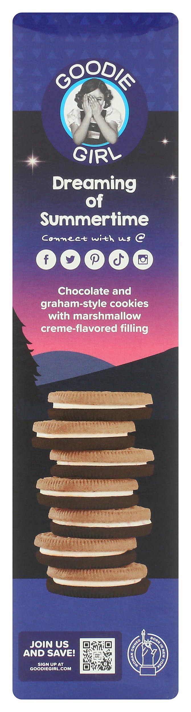 Goodie Girl S'mores Sandwich Cookies serving plate—pairs well with coffee or milk.