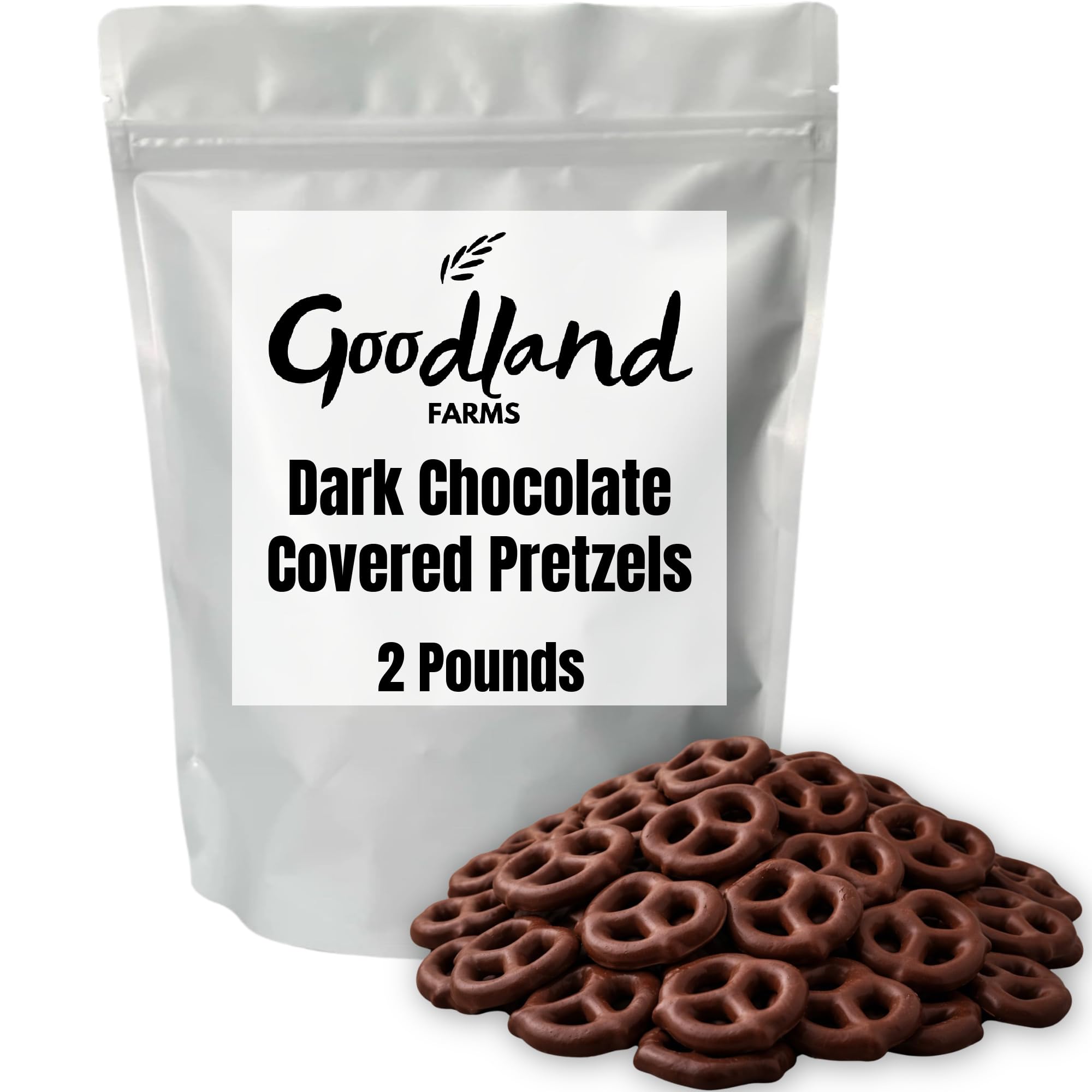 Goodland Farms Dark Chocolate Covered Pretzels bag front, showcasing packaging for sharing and freshness.
