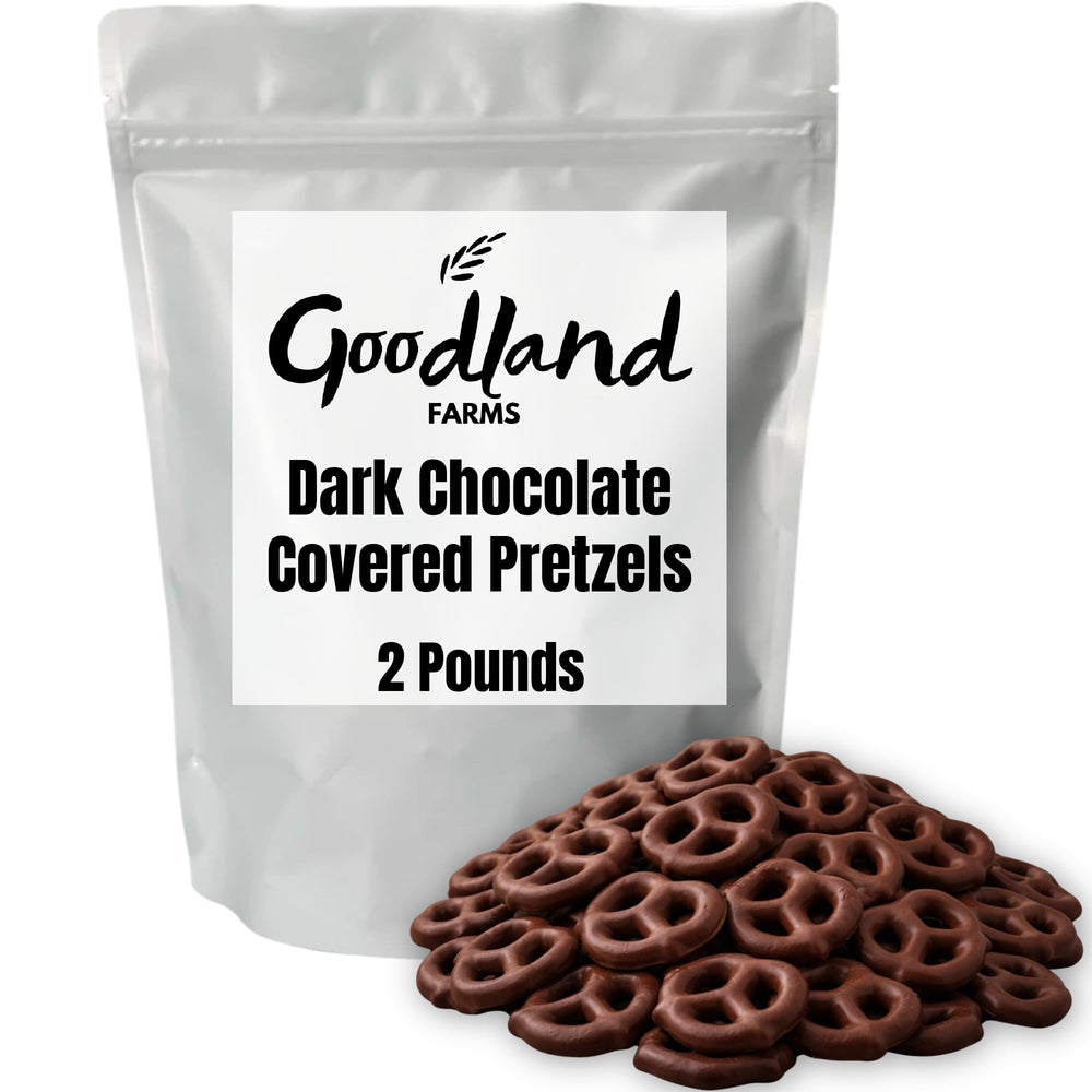 Goodland Farms Dark Chocolate Covered Pretzels bag front, showcasing packaging for sharing and freshness.