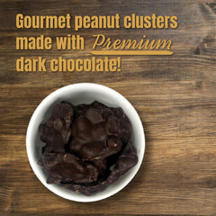 Goodland Farms Dark Chocolate Peanut Clusters bag closeup showcases a 12 oz resealable pack for lasting freshness.