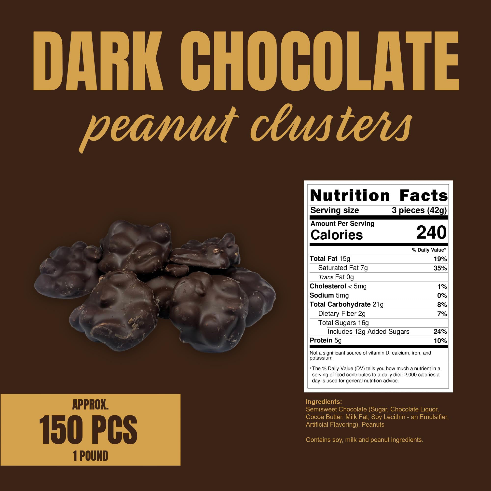 Goodland Farms Dark Chocolate Peanut Clusters closeup highlights glossy coating that melts smoothly.