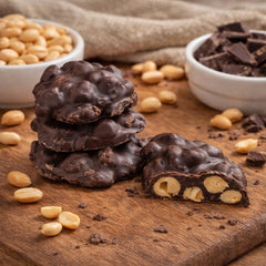 Goodland Farms Dark Chocolate Peanut Clusters peanuts detail reveals lightly salted nuts for balanced flavor.