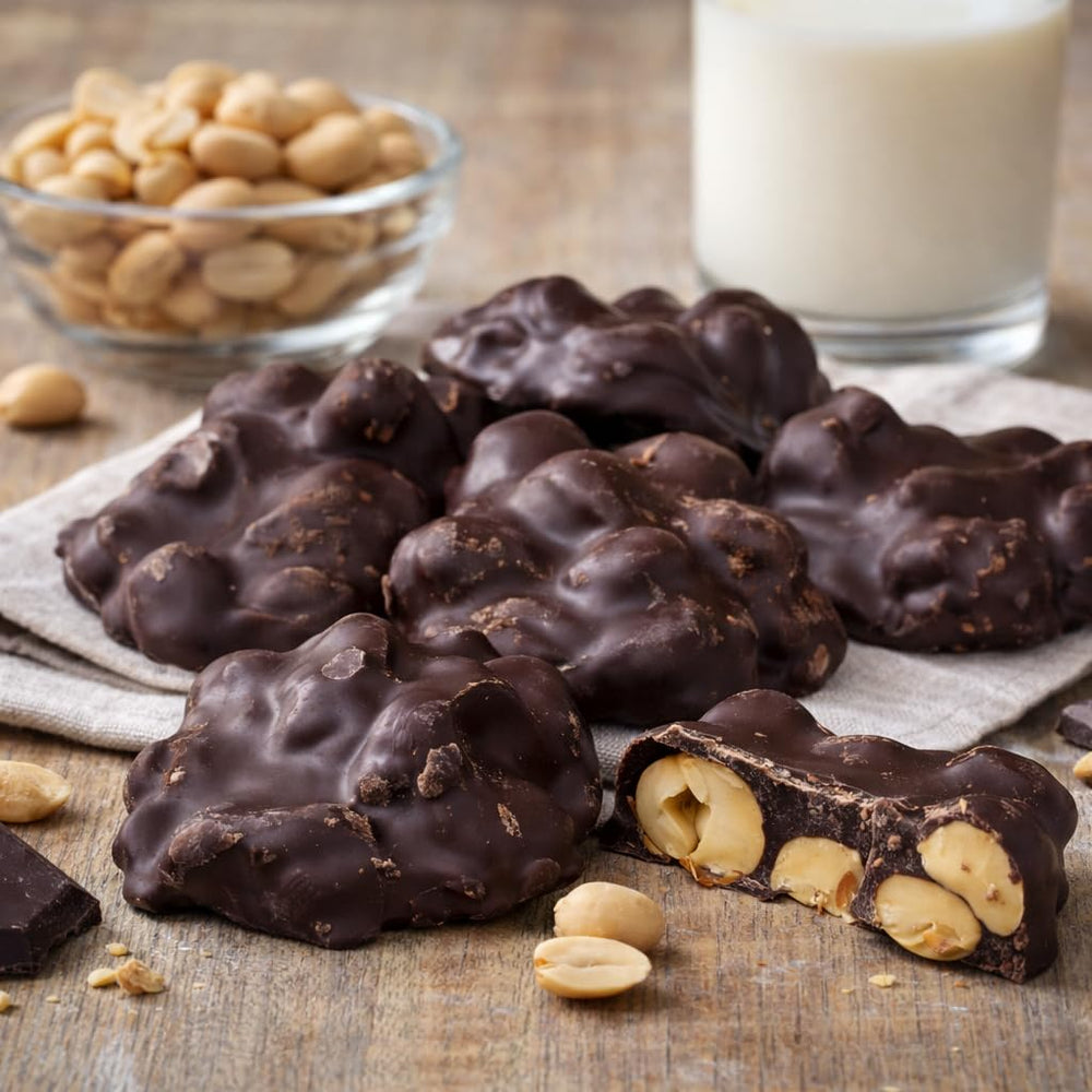 Goodland Farms Dark Chocolate Peanut Clusters serve-on-board scene suggests a crowd-friendly dessert option.