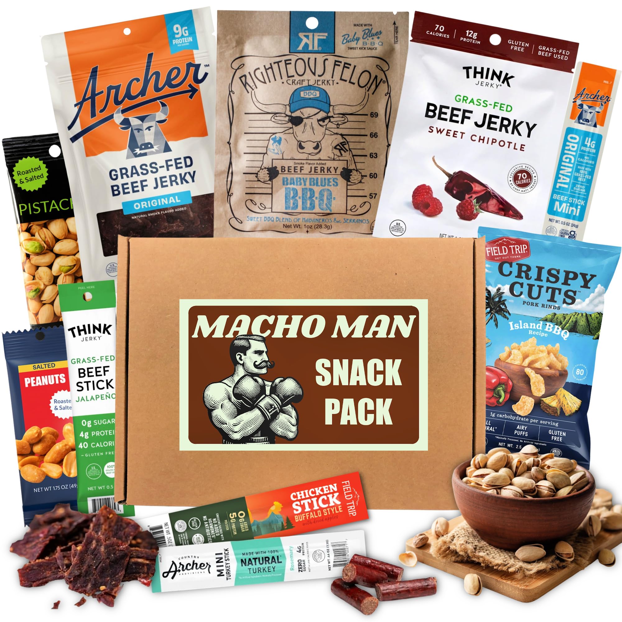 Goodland Farms Macho Man jerky box displaying premium beef jerky assortment for on-the-go protein