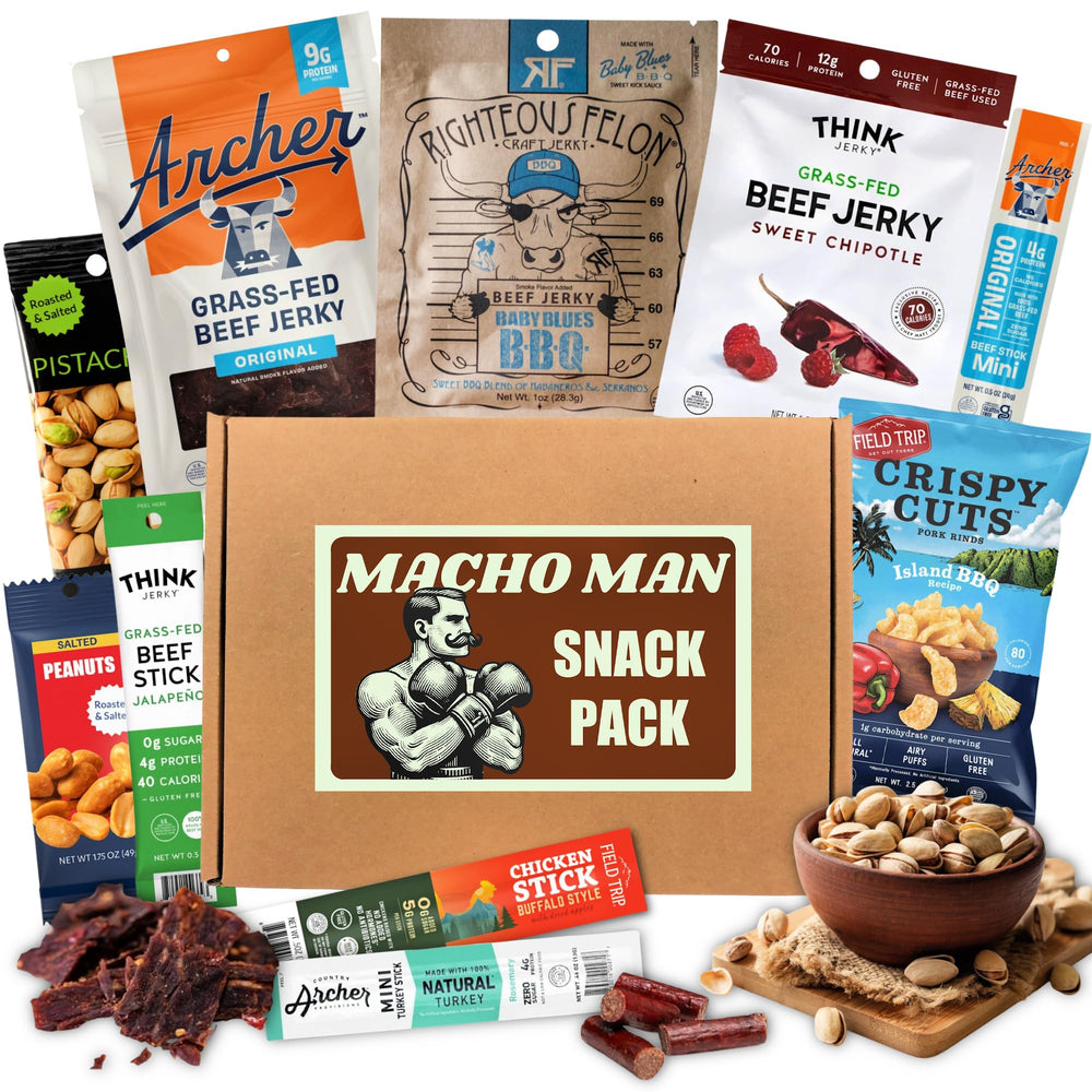 Goodland Farms Macho Man jerky box displaying premium beef jerky assortment for on-the-go protein
