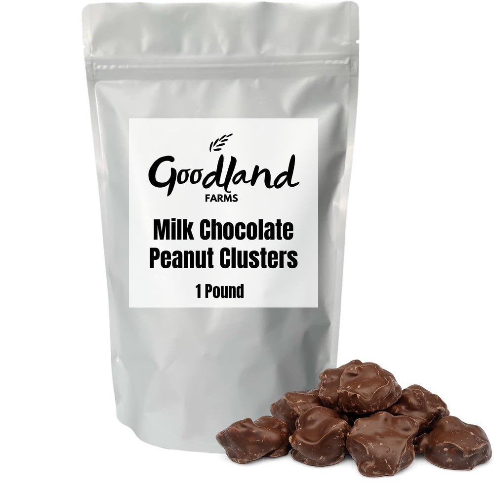 Goodland Farms Milk Chocolate Peanut Clusters with rich coating for a premium snack.