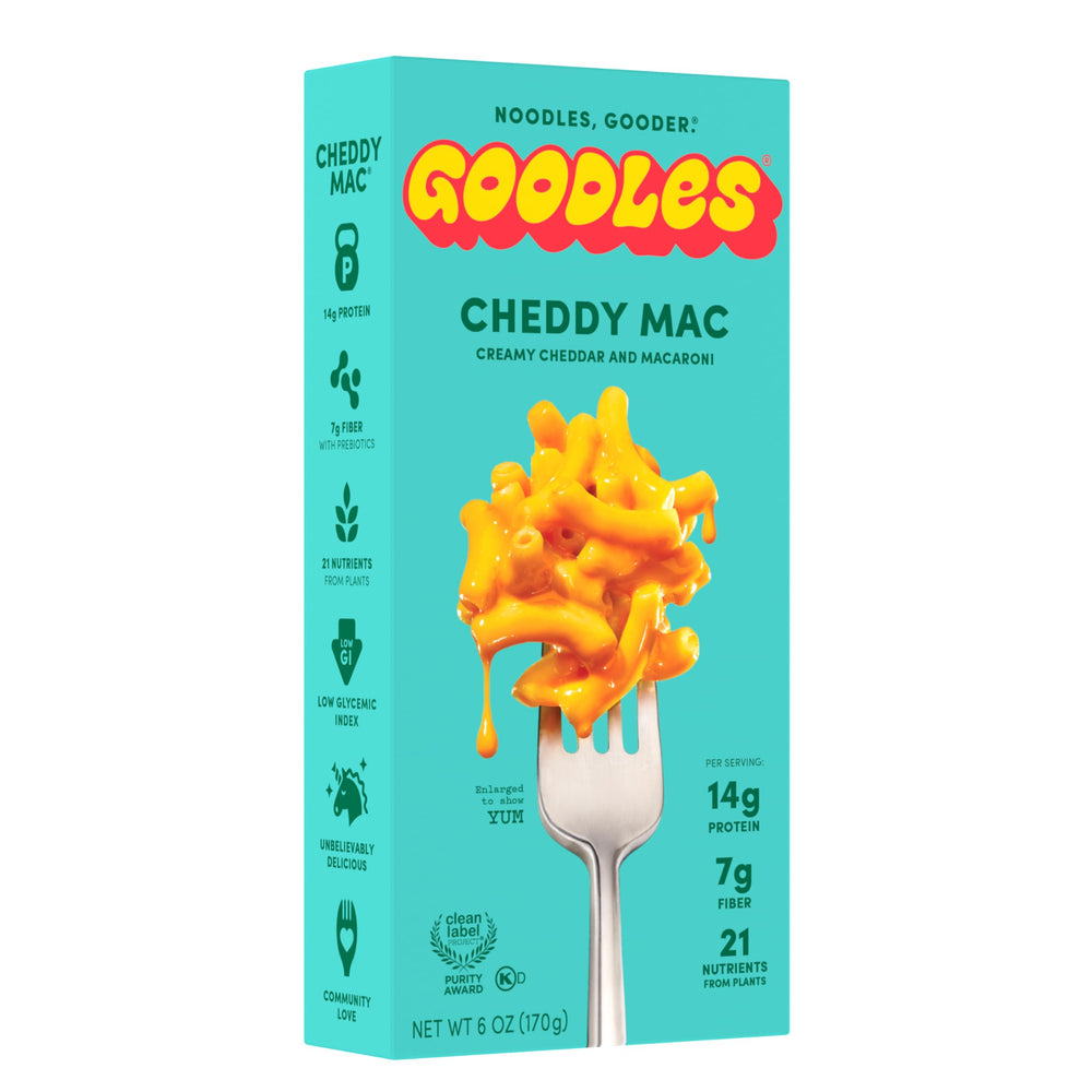 Goodles Cheddy Mac pack shot highlighting real cheese and organic ingredients.