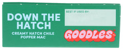 Goodles Down The Hatch mac and cheese steaming plate, inviting aroma.