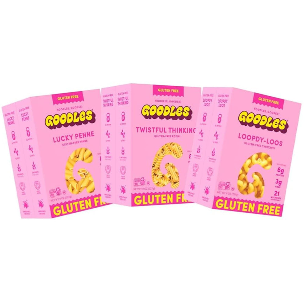 GOODLES gluten-free pasta variety 6-pack showing all shapes for quick weeknight meals.