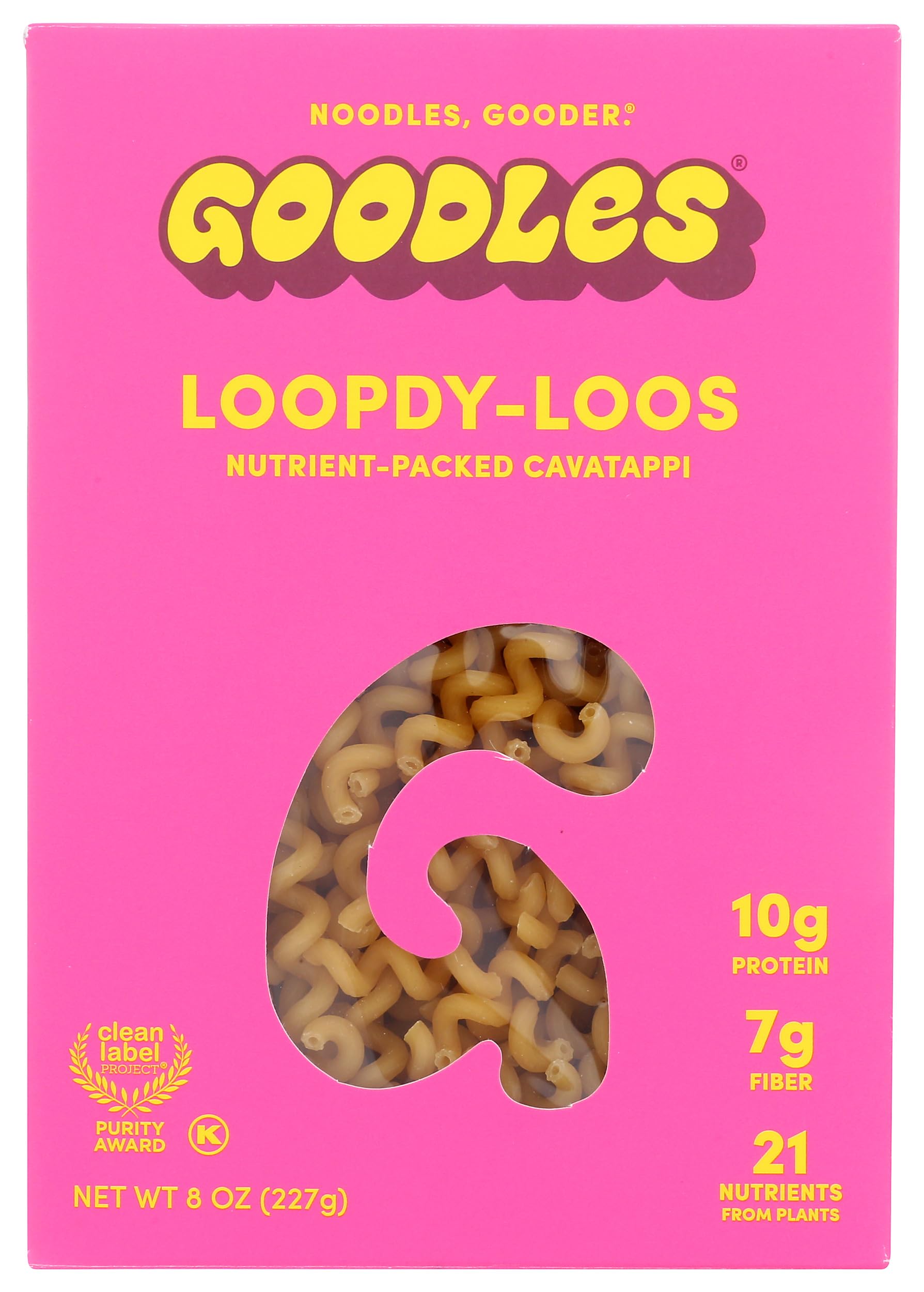 Goodles Loopdy-Loos Pasta packaging highlights convenient 8 oz portion for easy pantry storage.