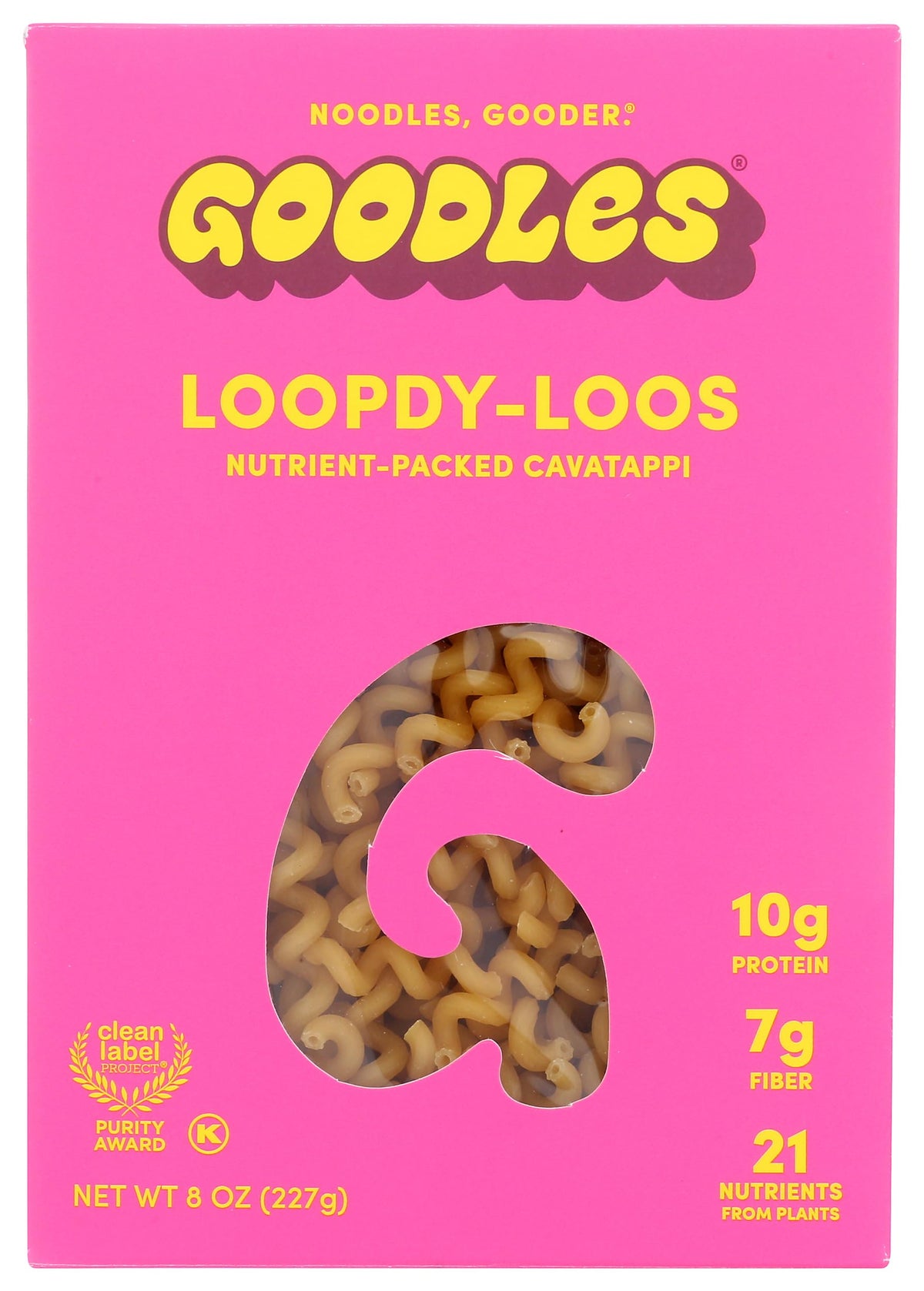Goodles Loopdy-Loos Pasta packaging highlights convenient 8 oz portion for easy pantry storage.