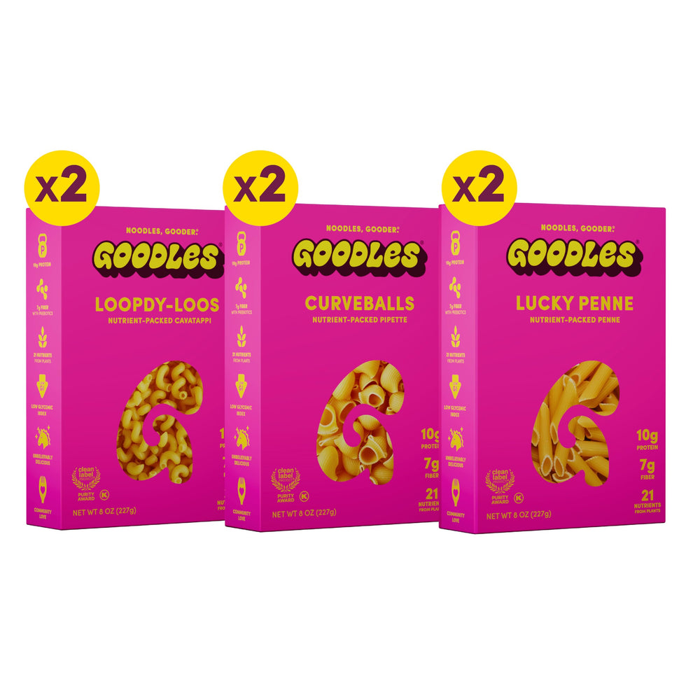 GOODLES Lucky Penne pasta in a bowl, protein-packed option for quick weeknight dinners.