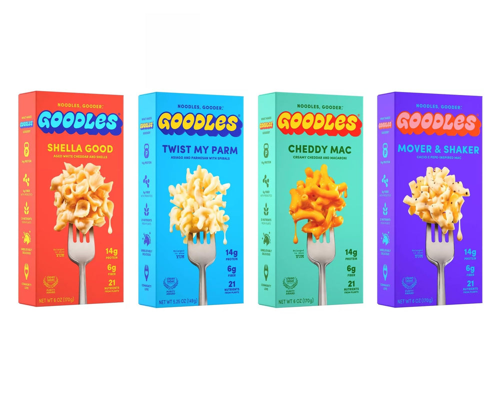 Goodles Mac & Cheese Assortment 4 Pack front view, protein-rich noodles with plant-based nutrients.