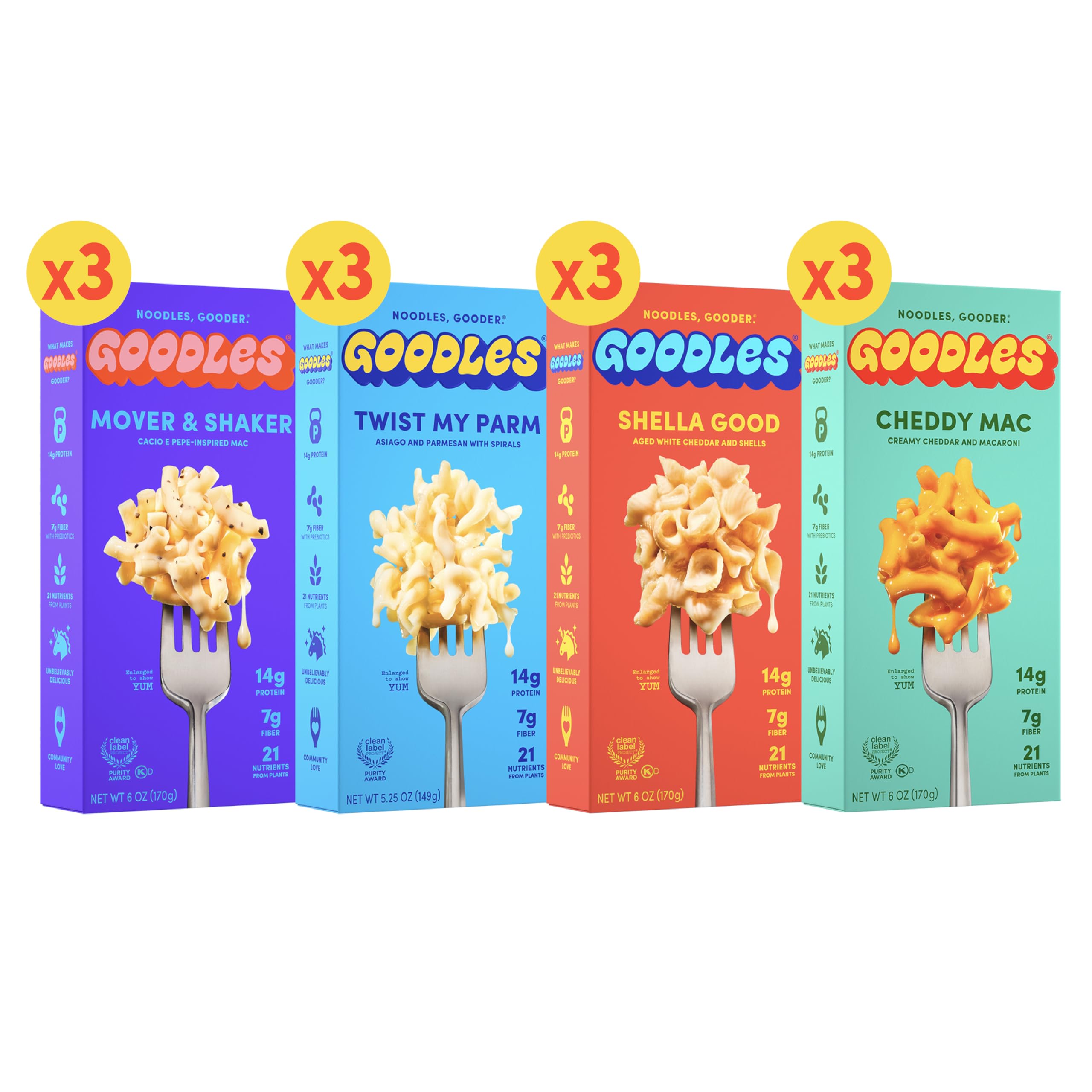 Goodles Mac and Cheese Assortment box front showing four flavors for quick weeknight meals.