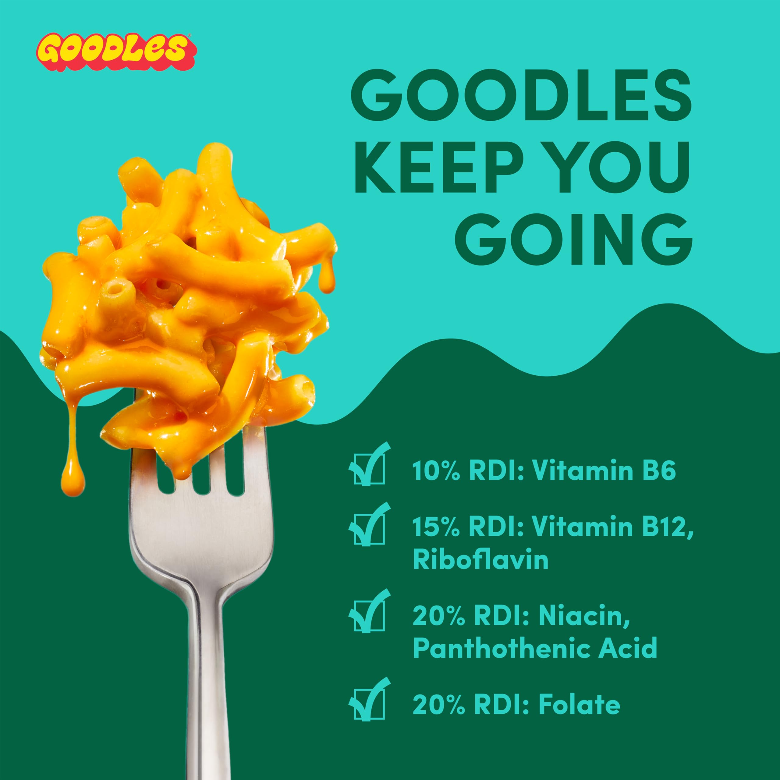 Goodles nutrition label and ingredients highlighting protein and fiber details.