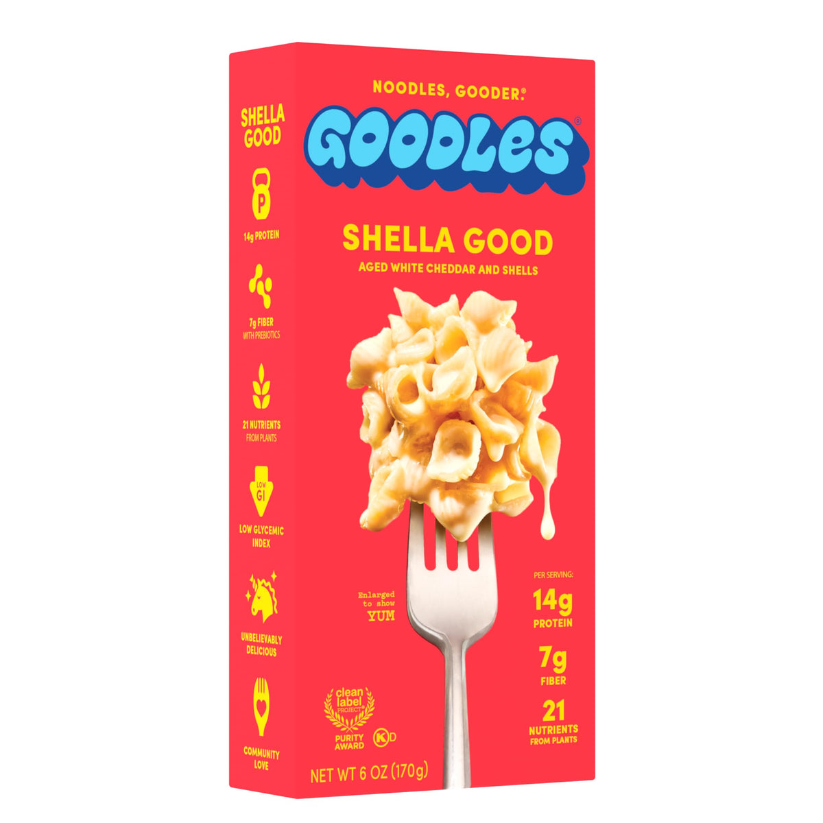 Goodles Shella Good packaging showing a 6 oz box, convenient for quick meals