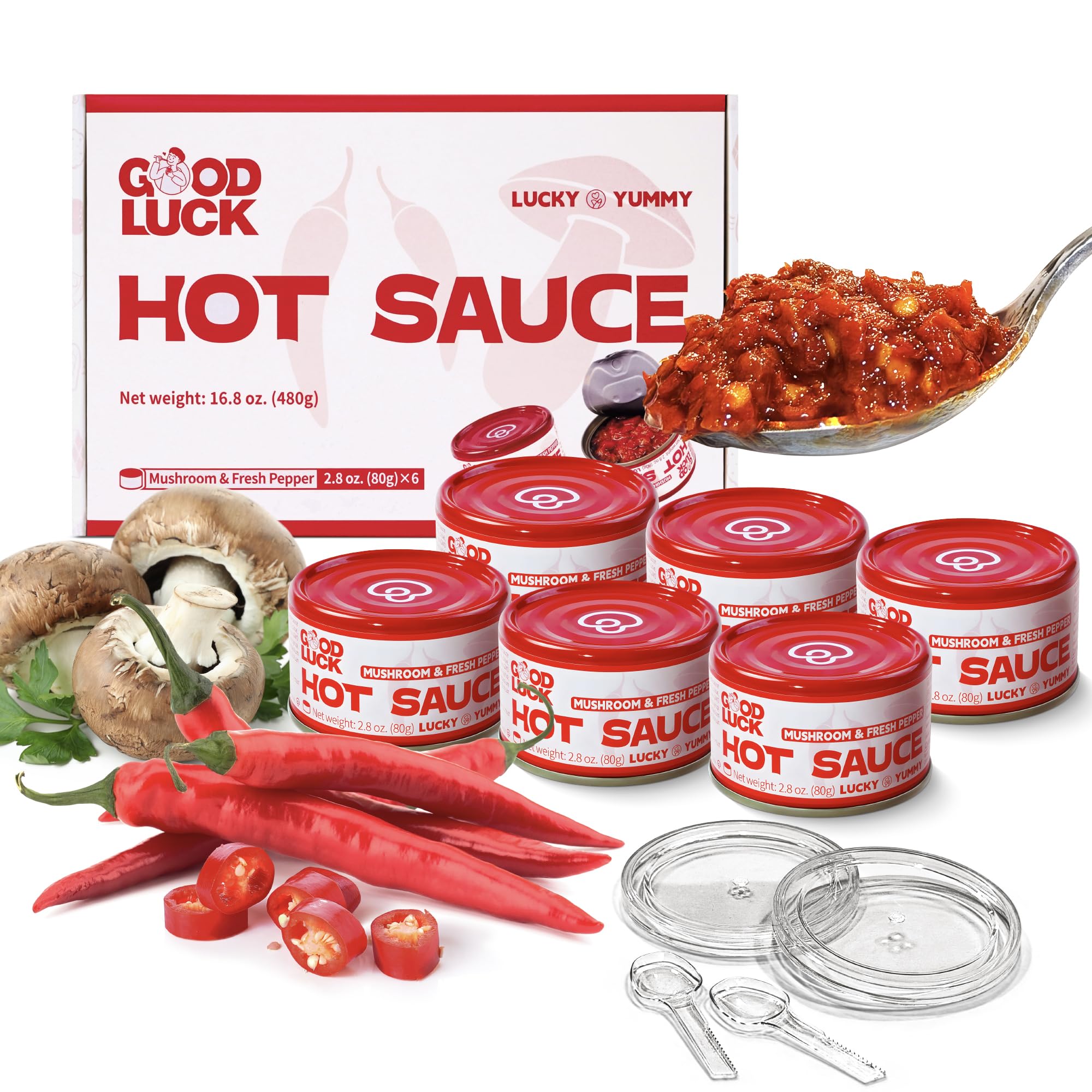 GOOD LUCK Mushroom Hot Sauce bottle boosts ramen with rich umami.