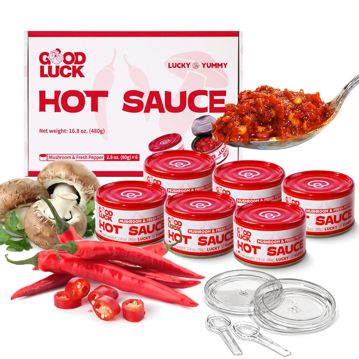 GOOD LUCK Mushroom Hot Sauce bottle boosts ramen with rich umami.