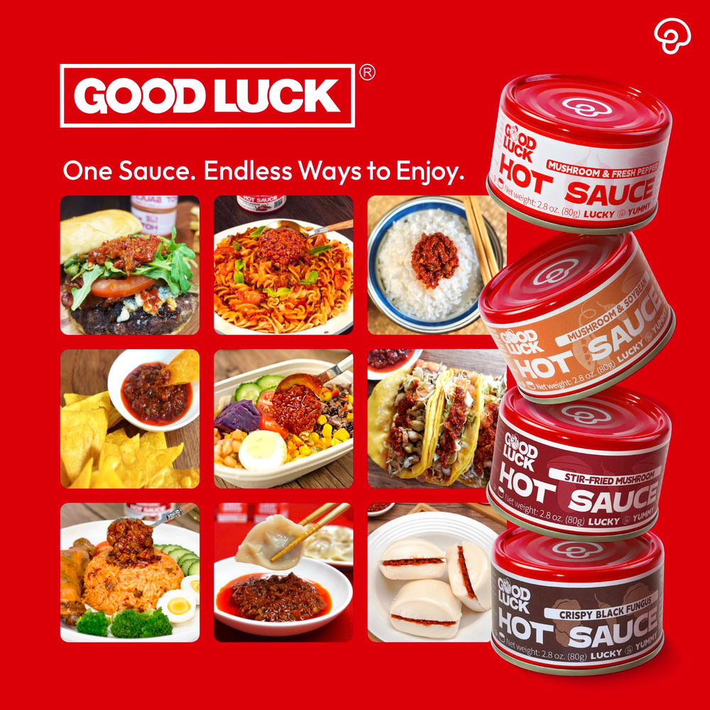 GOOD LUCK Mushroom Hot Sauce swirl on plate invites savory dipping.