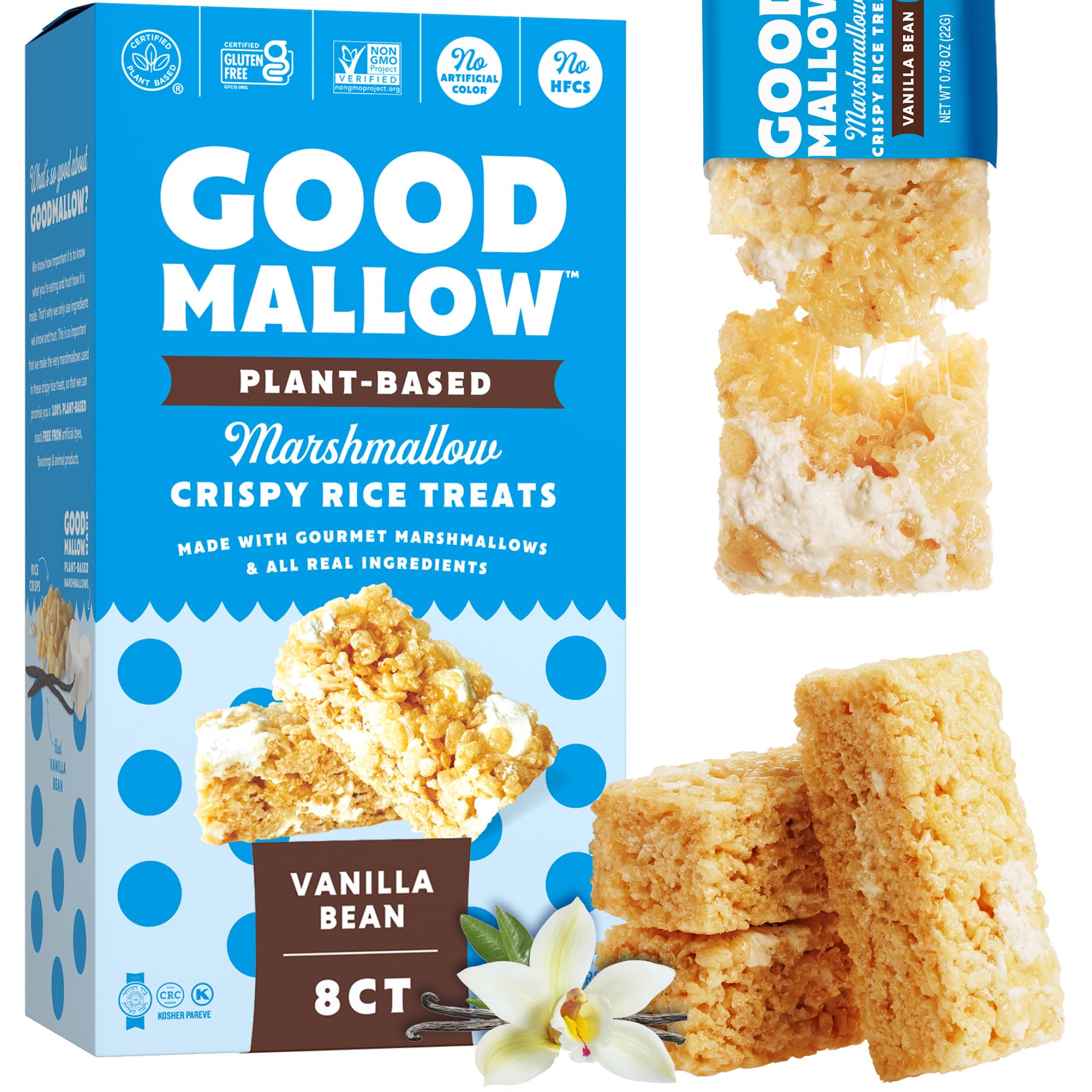 GoodMallow box of 8 vegan rice crispy treats with vanilla bean aroma, ideal for sharing.
