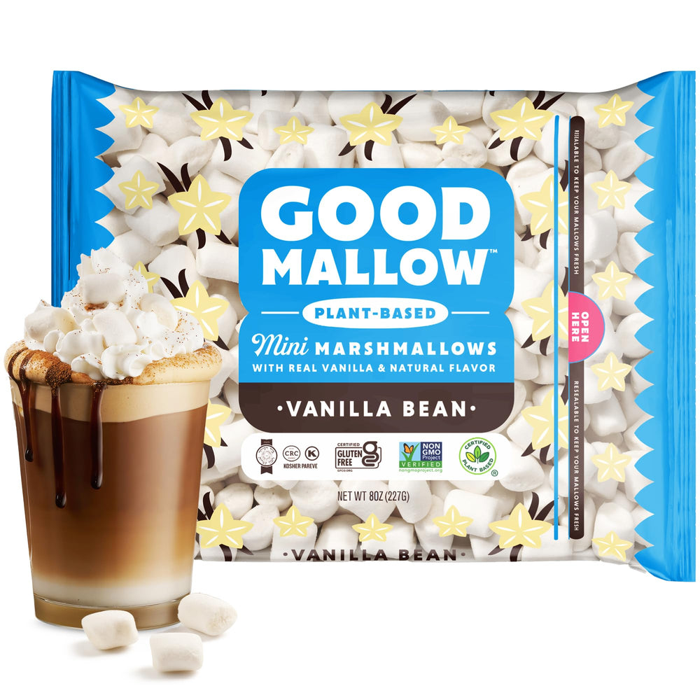 GoodMallow mini marshmallows shown dye-free, vegan and halal-friendly.