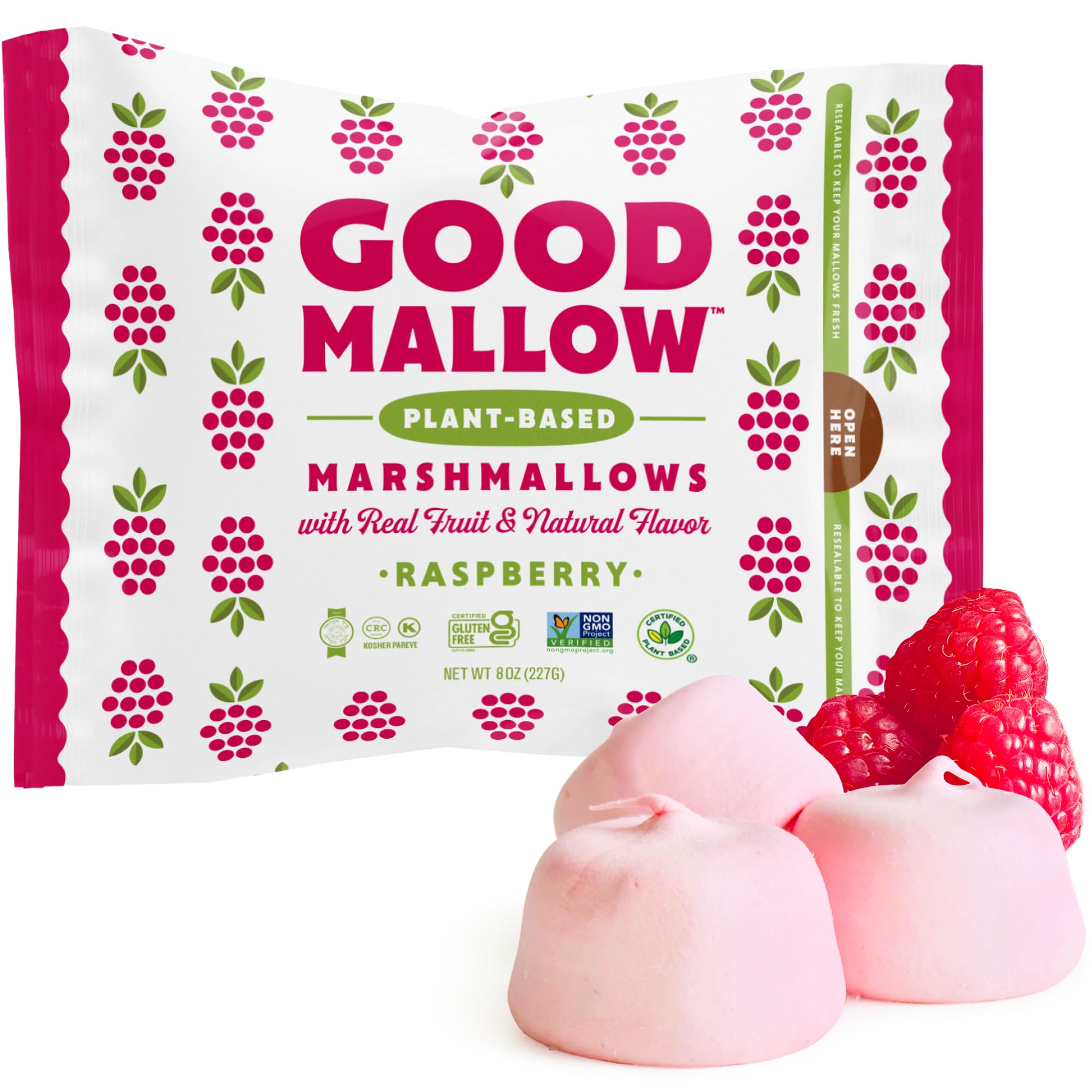 GoodMallow Raspberry vegan marshmallows for hot chocolate topping and dairy-free indulgence.