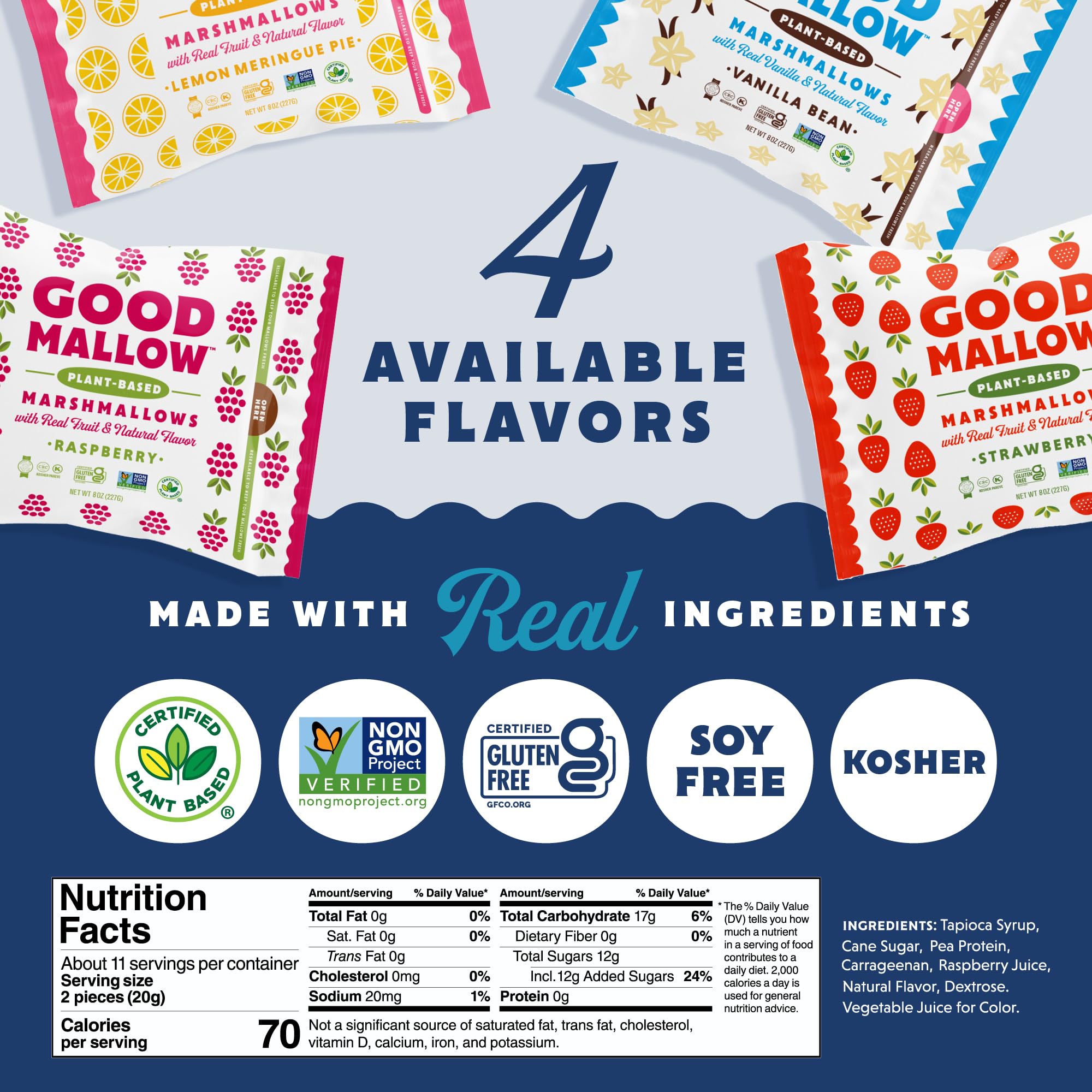 GoodMallow vegan kosher marshmallows close-up showing clean ingredients