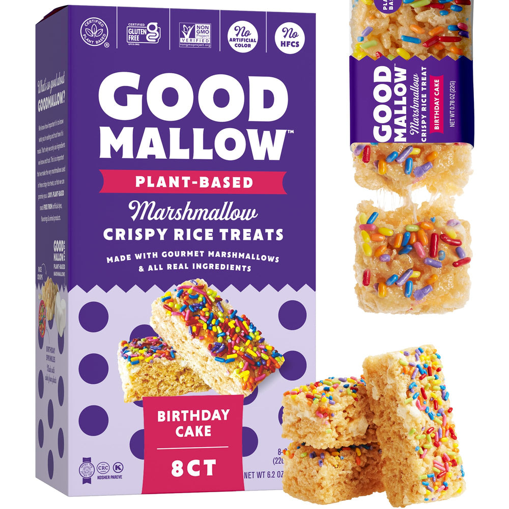 GoodMallow vegan rice crispy treats box, individually wrapped for on-the-go snacking.