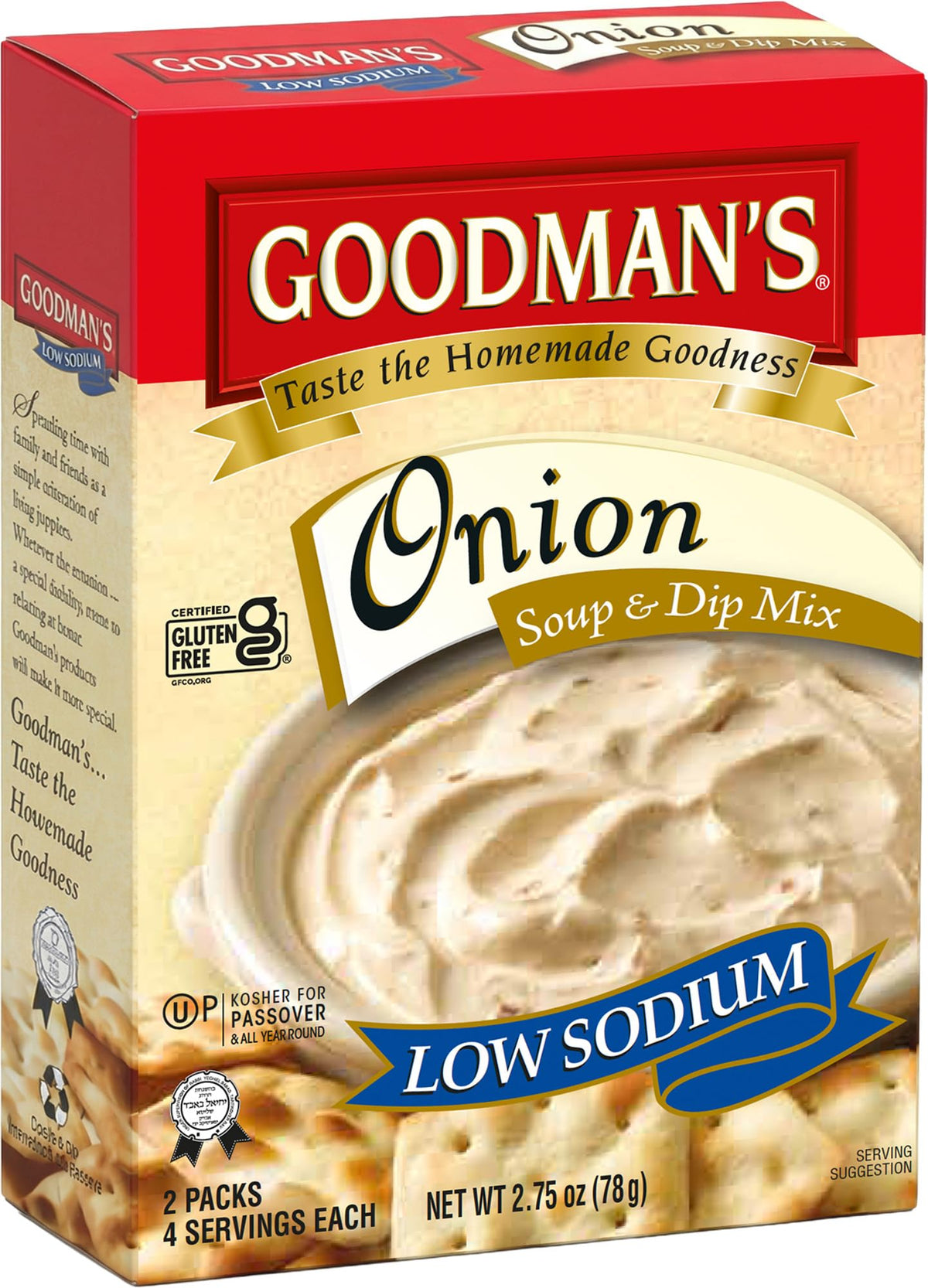 Goodman's onion soup mix pack for quick meals with low sodium and gluten-free options.