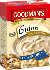 Goodman's onion soup mix pack for quick meals with low sodium and gluten-free options.