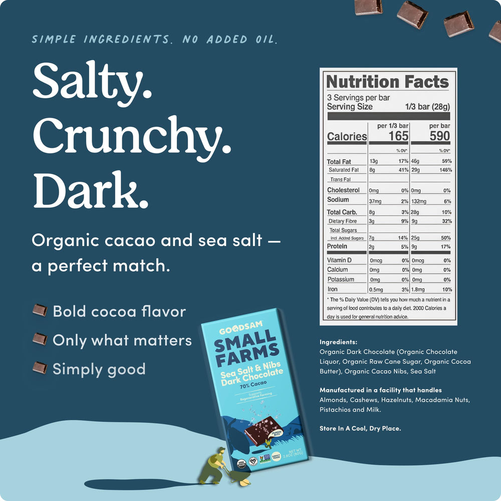 Goodsam 70% dark chocolate close-up showing rich cacao and sea salt notes