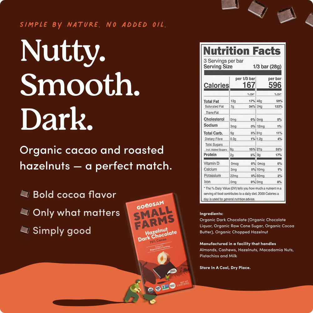 Goodsam hazelnut dark chocolate bar closeup nuts, rich cacao with roasted hazelnuts