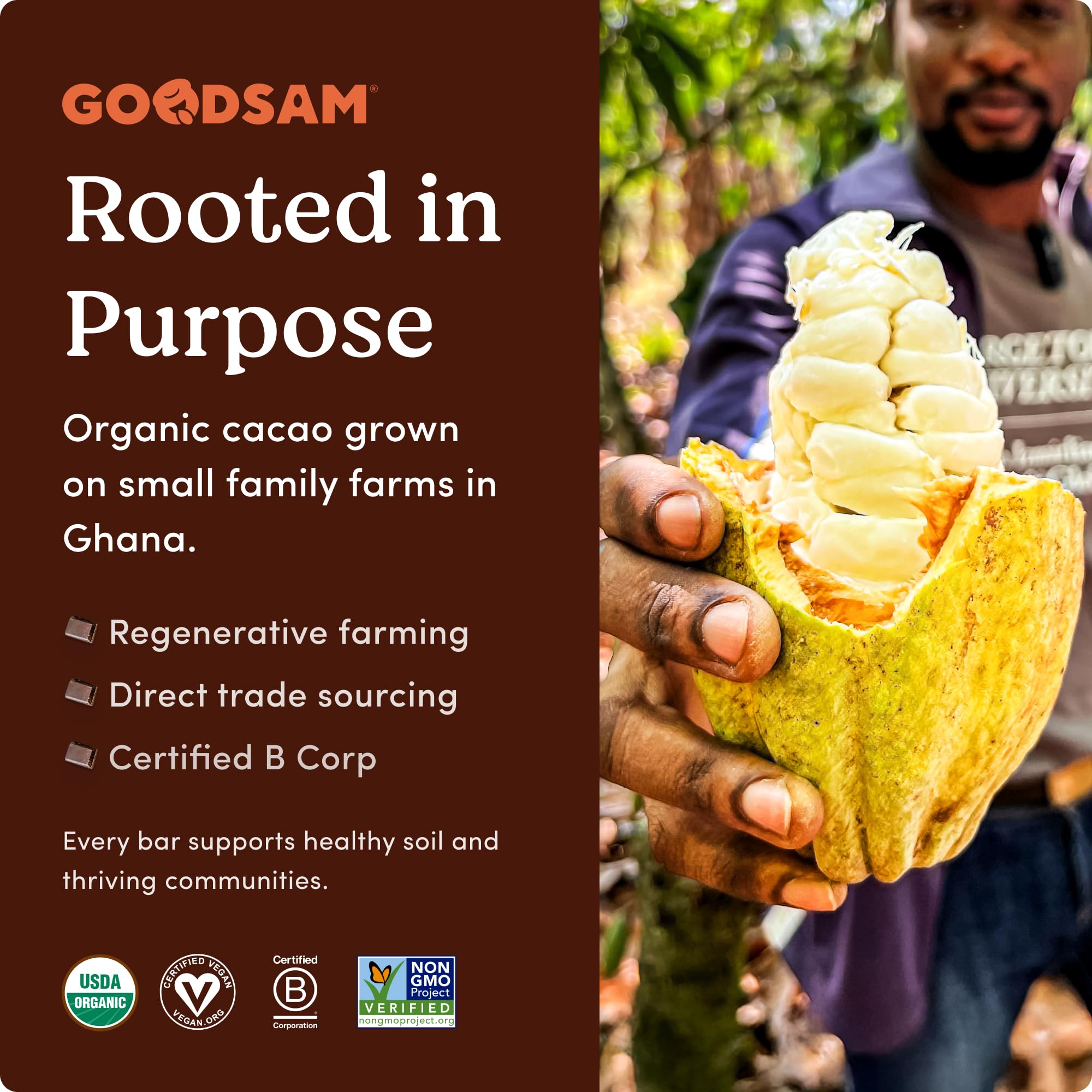 Goodsam mindful snack moment, chocolate with purpose and ethical sourcing