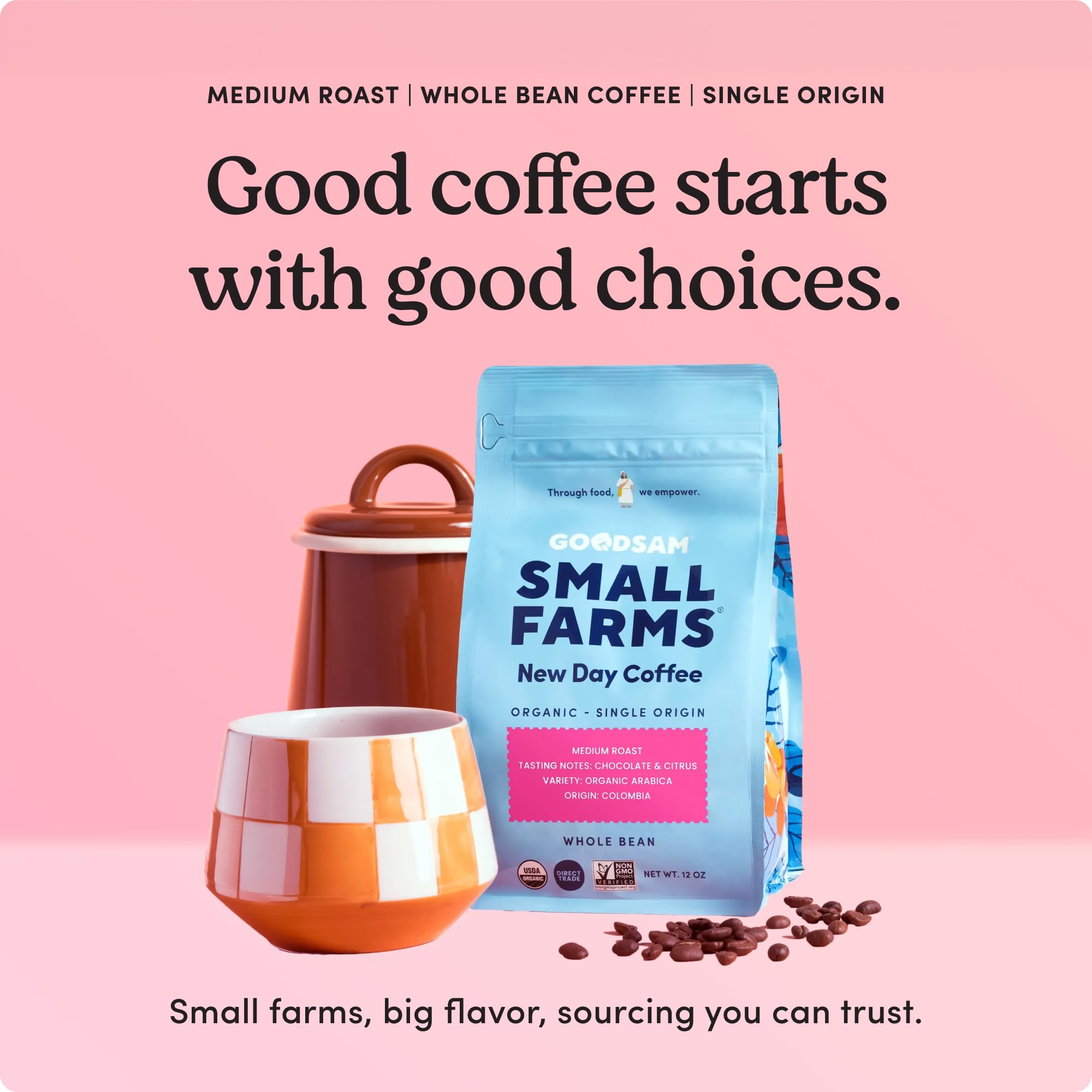 Goodsam New Day beans close-up highlighting glossy roast and aroma