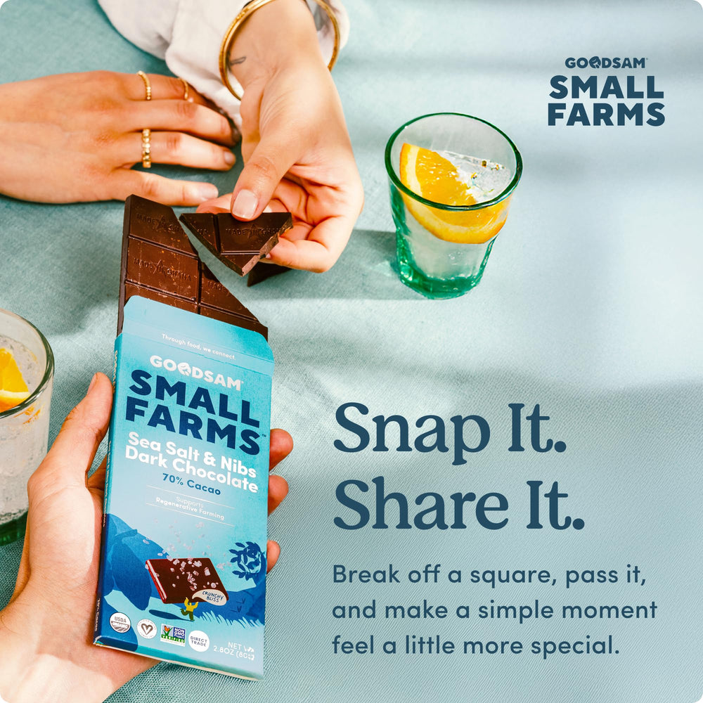 Goodsam organic cocoa beans close-up, signaling organic and non-GMO ingredients