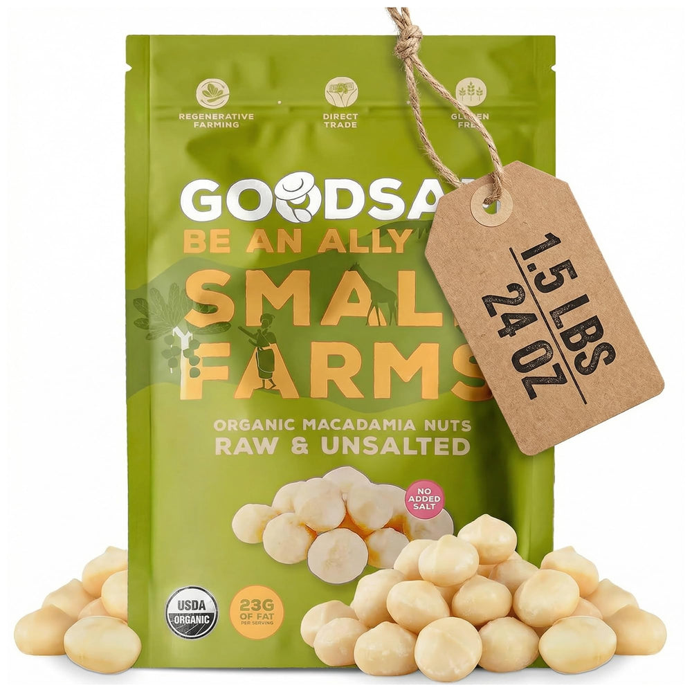 Goodsam Organic Raw Macadamia Nuts pack with unsalted whole nuts and creamy flavor