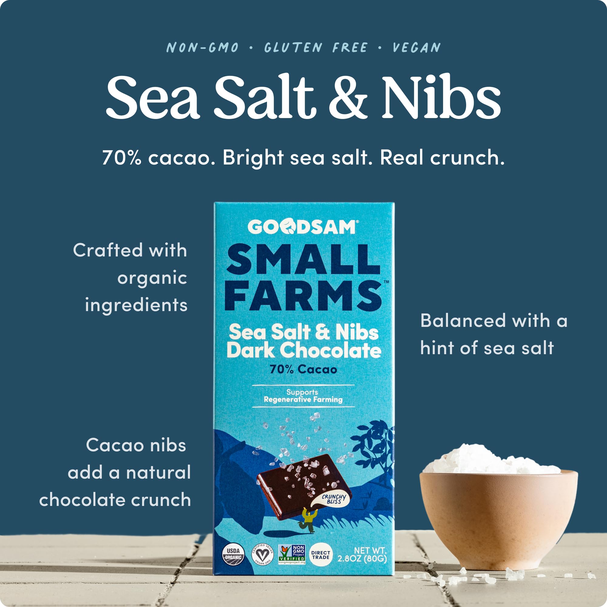 Goodsam three-bar collection packaging highlighting direct trade and clean ingredients
