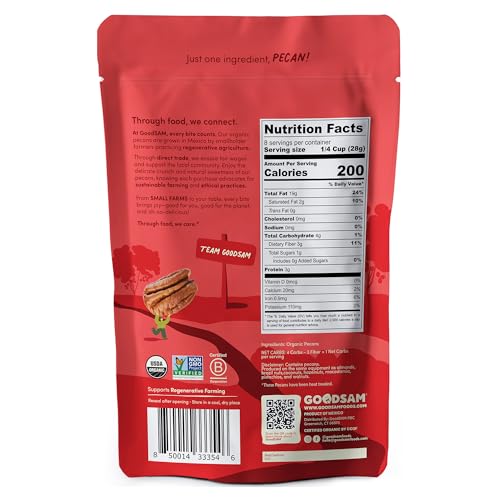 GoodSAM Pecan Halves with fresh packaging for shelf stability and versatile uses.