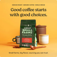 Goodsam shade-grown coffee plantation scene emphasizing sustainable farming and depth of flavor.