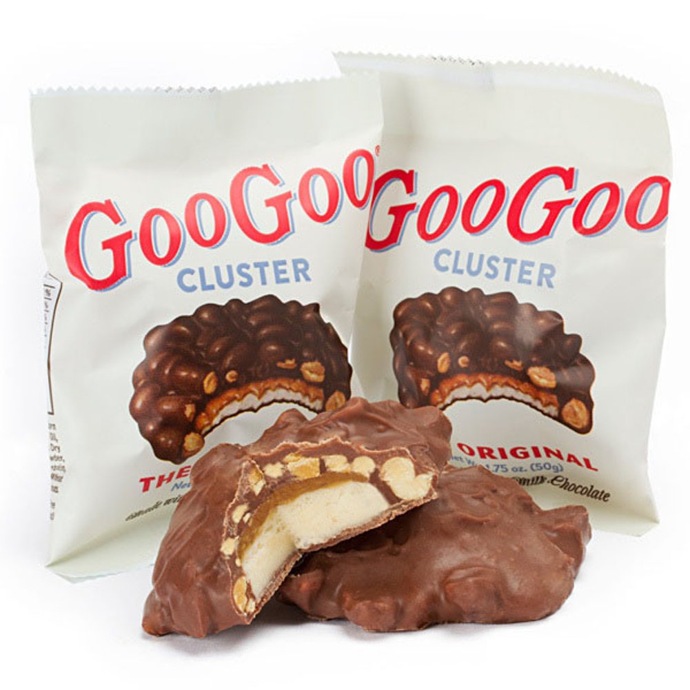 Close-up of GooGoo Clusters Original chocolate, caramel, peanuts and marshmallow textures.