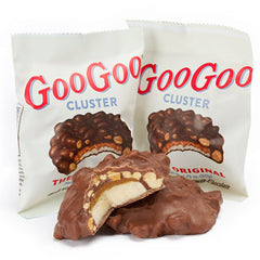 Close-up of GooGoo Clusters Original chocolate, caramel, peanuts and marshmallow textures.